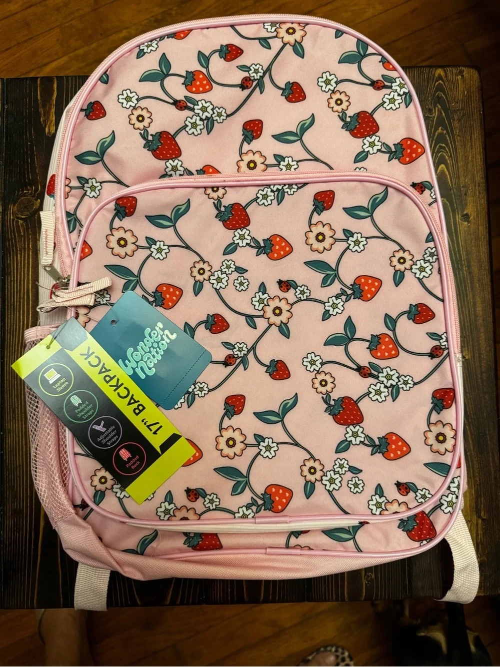 Wonder Nation 17” Pink Strawberry Print Backpack with Floral Pattern